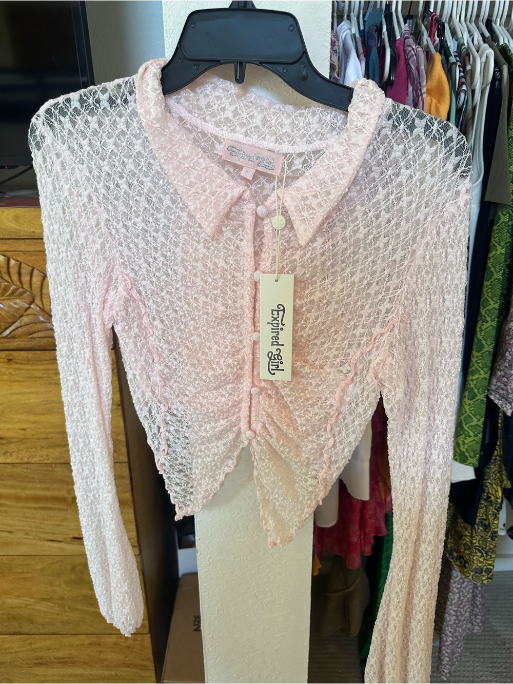 Inspire Pale Pink Sheer Ruched Collared Knit Top